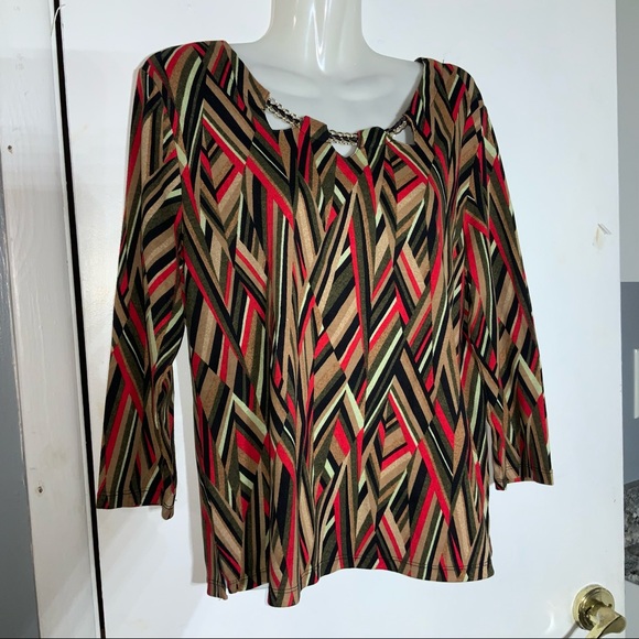 Rafaella Geometric Stripes Earthy Colors Lace Chain Neckline L/P TOP - Picture 11 of 13